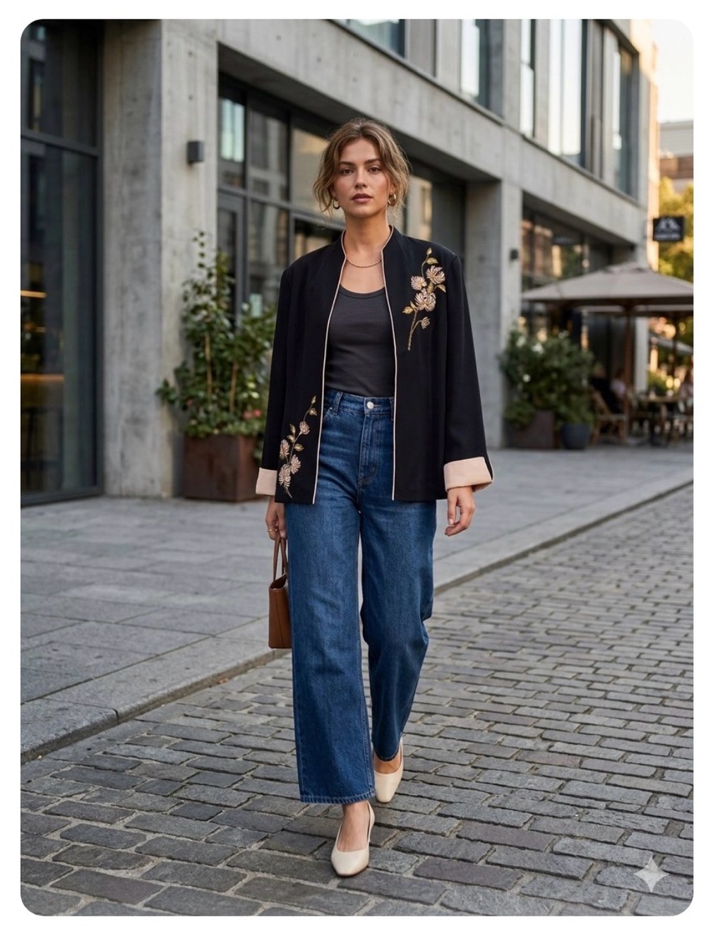 Jessica Howard Black Embroidered Open-Front Blazer with Blush Trim